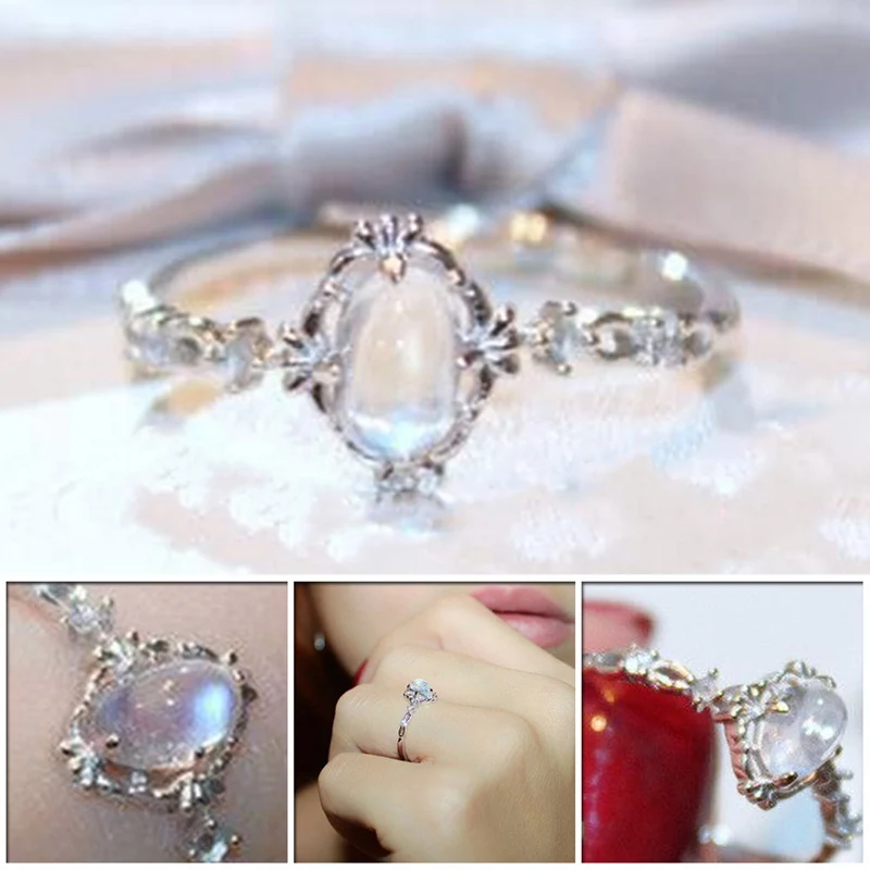 

Moonstone Rings For Women Vintage Silver Ring Water Drop White Stone Ring Female Fashion Jewelry Wholesale Size 6-10