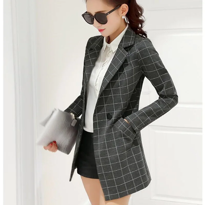 New Spring Autumn Women Blazer Plus Size Fashion Turn-Down Collar Slim Casual Plaid For Larger Out Wear Suits | Женская одежда