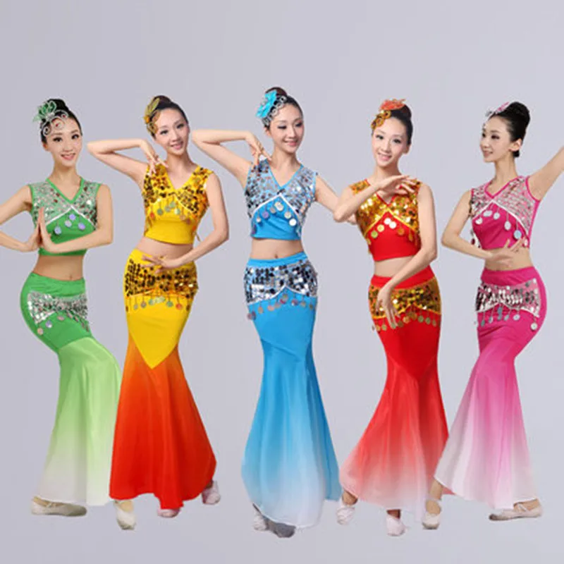 

New style woman belly dance sexy Sequins Peacock Tarts Tail Dresses Belly Dance lady Stage Performance costumes 5 colors