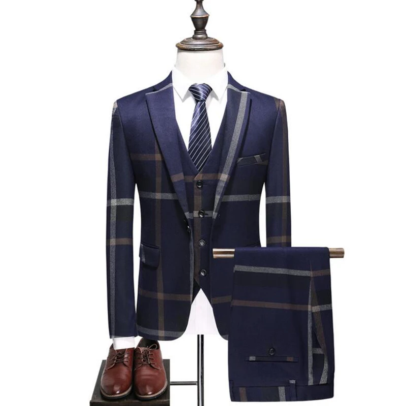 

FOLOBE Fashion Plaid 3 PCS Mens Suits Wedding Groom Plus Size Slim Fit Casual Tuxedos Formal Business Suit Male Blue Grid suit