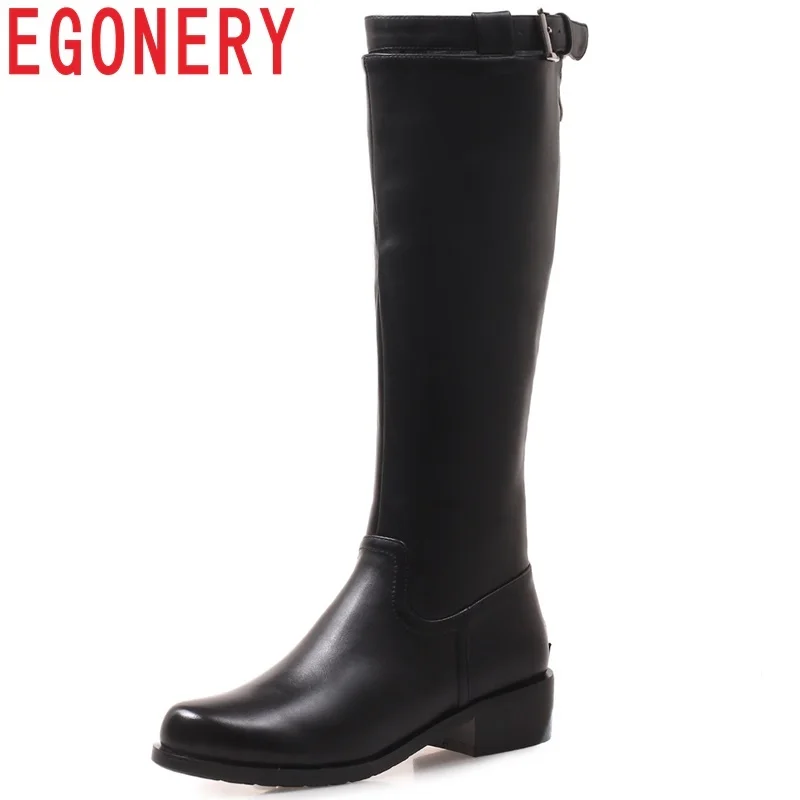 

EGONERY women shoes 2018 newest fashion round toe low square heel zipper solid outside comfortable knee high boots size 34-41