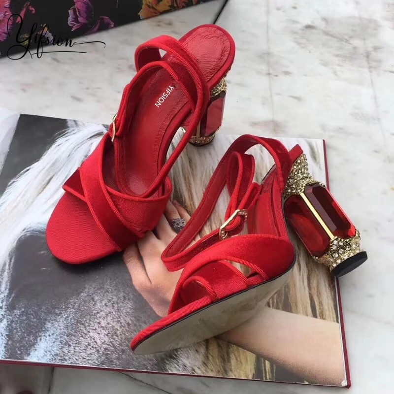 

YIFSION New Fashion Blue Red Women Summer Sandals Sexy Open Toe Buckle Strap Crystal High Heel Ladies Sandals Party Shoes Woman