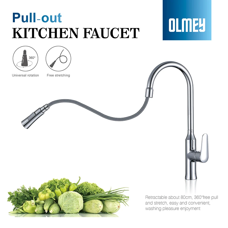 OLMEY High Arc Long Neck Brass Kitchen Sink Faucet, Two Ways Kitchen Mixer Sink Water Tap with Pull Out Sprayer 11002
