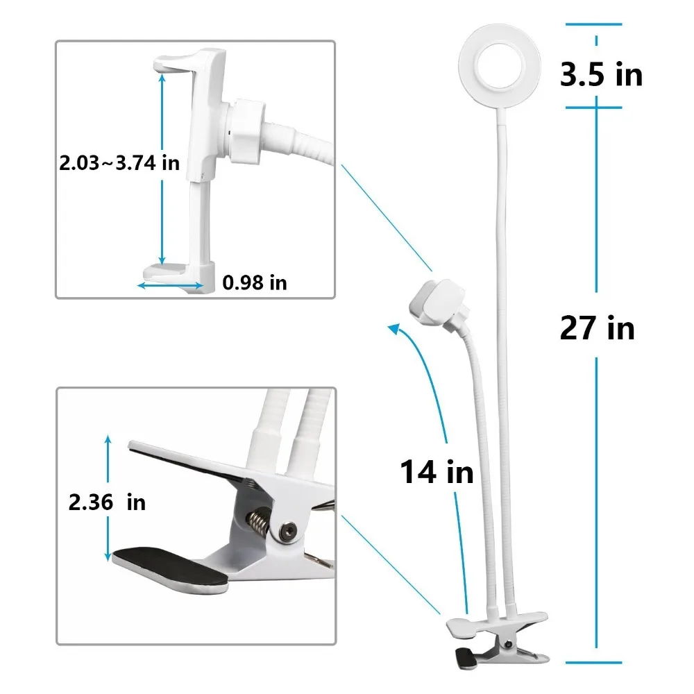 Ahsanks USB LED Selfie Ring Dimmable. Светодиодное селфи-кольцо с регулятором мощности и держателем для Iphone 7plus, 8, X и Android