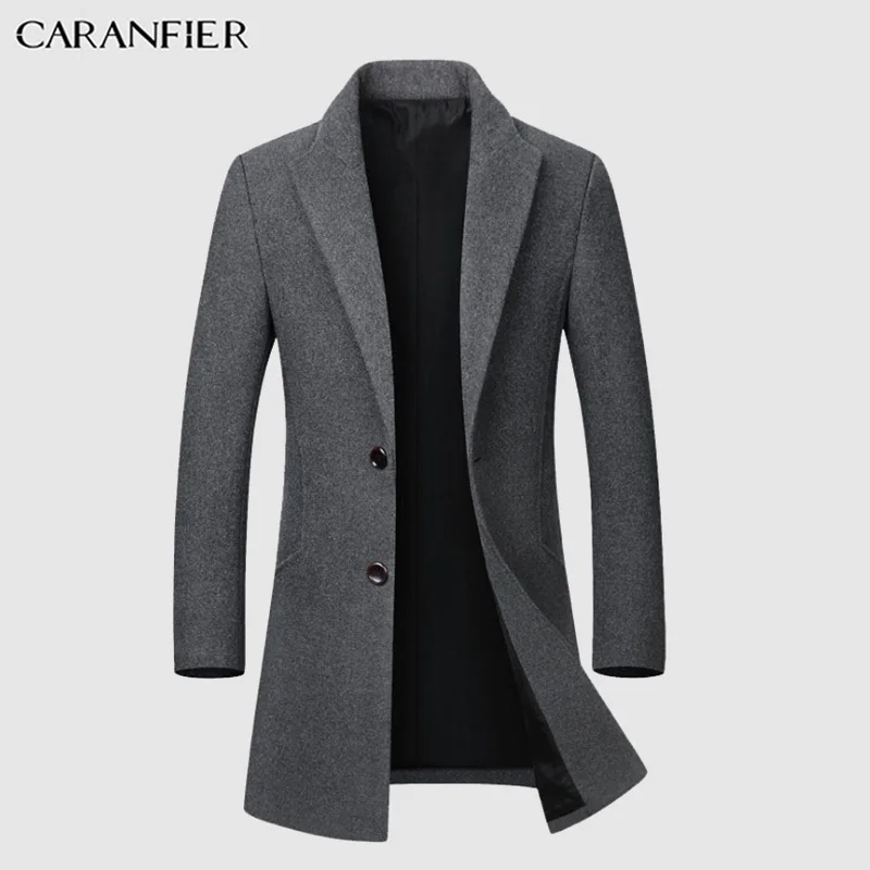 

CARANFIER Winter Wool Jacket Plus Velvet Men High Quality Middle-aged Outwear Casual Slim Collar Long Cotton Collar Trench Coat