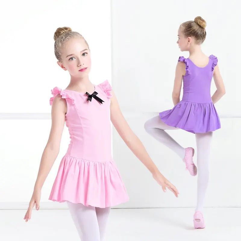 

Girls Gymnastic Dress Children Satin Bow Ballet Dancing Costumes Kids Floral Sleeve Ballet Skirt Dance Dress