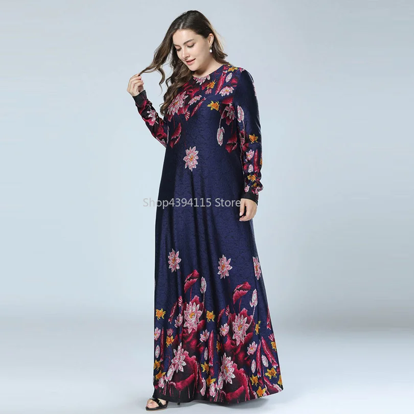 

Navy Blue Plus Size Women Floral Printed Muslim Dress Long Autumn Lotus pond Printing Knitting Party Dresses Vestidos 3XL 4XL