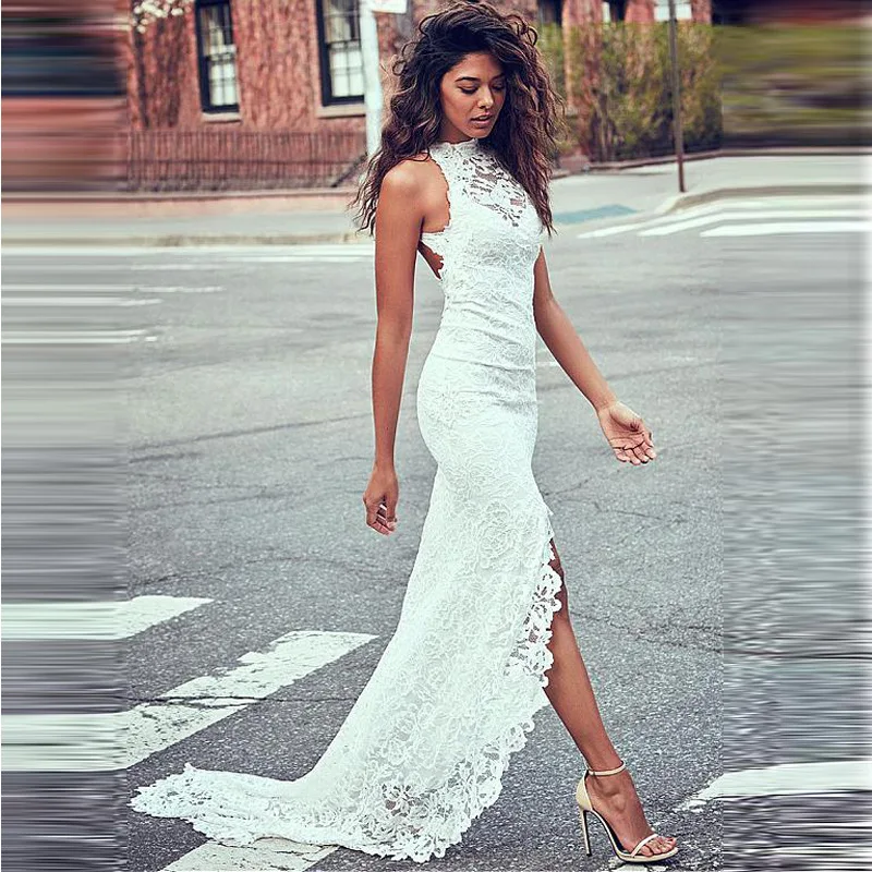 

Solid Dress to the Floor Summer Bohemian Beach Dress White Lace Maxi Women Dresses Turtleneck Trumpet Vestidos Verano 2019
