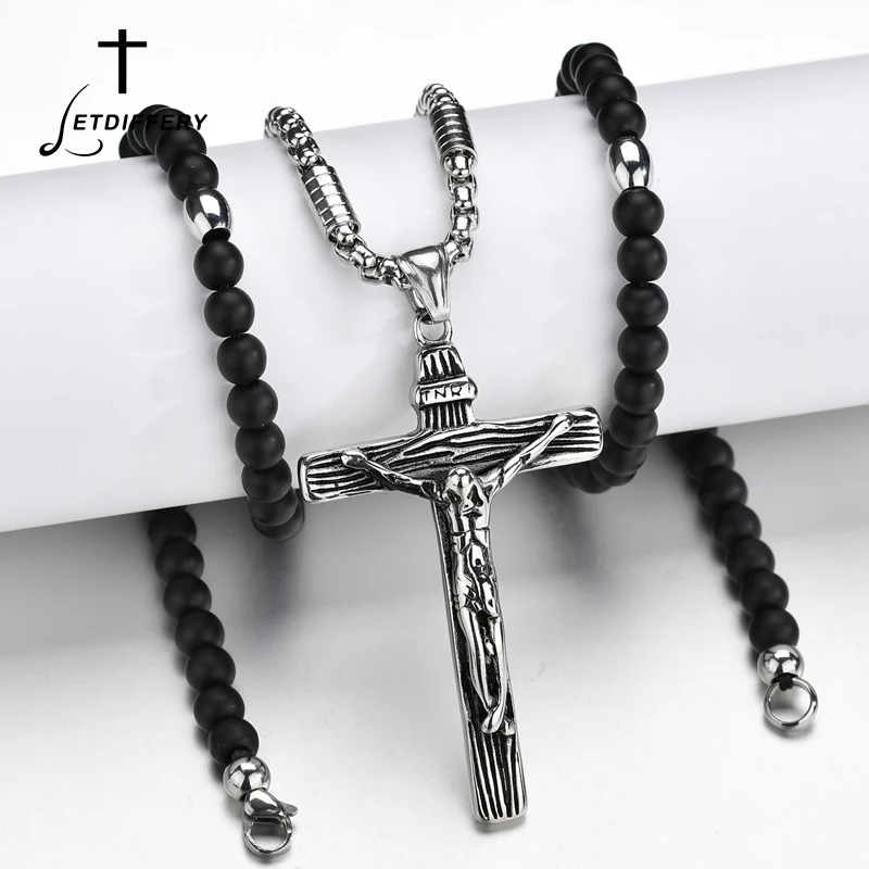 

Letdiffery Retro Crucifix Cross Stainless Steel Pendant Necklace Religious Jewelry Beads Chain Collier Gift For Men