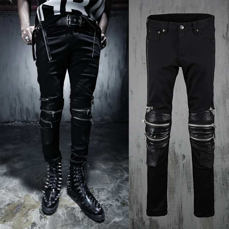 2015 Men Pants Skinny Spliced Leather Pants Male Black Slim Leather
