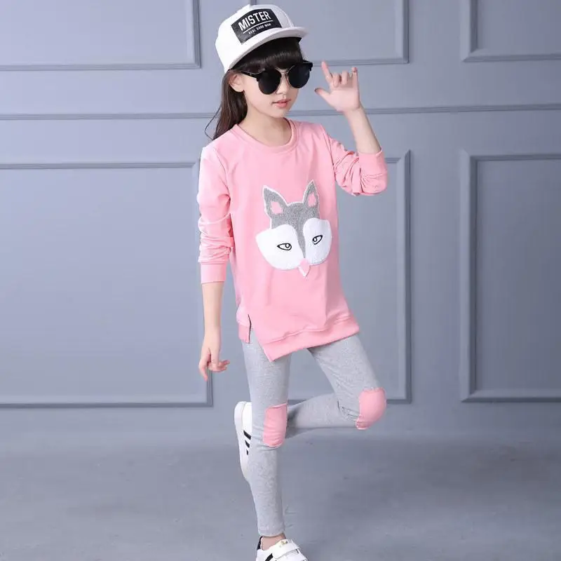 Комплект одежды для детей модные демисезонные комплекты для девочек комплект с принтом лисы блузка с длинным рукавом+ леггинсы для девочек 3-12 лет - Цвет: Розовый