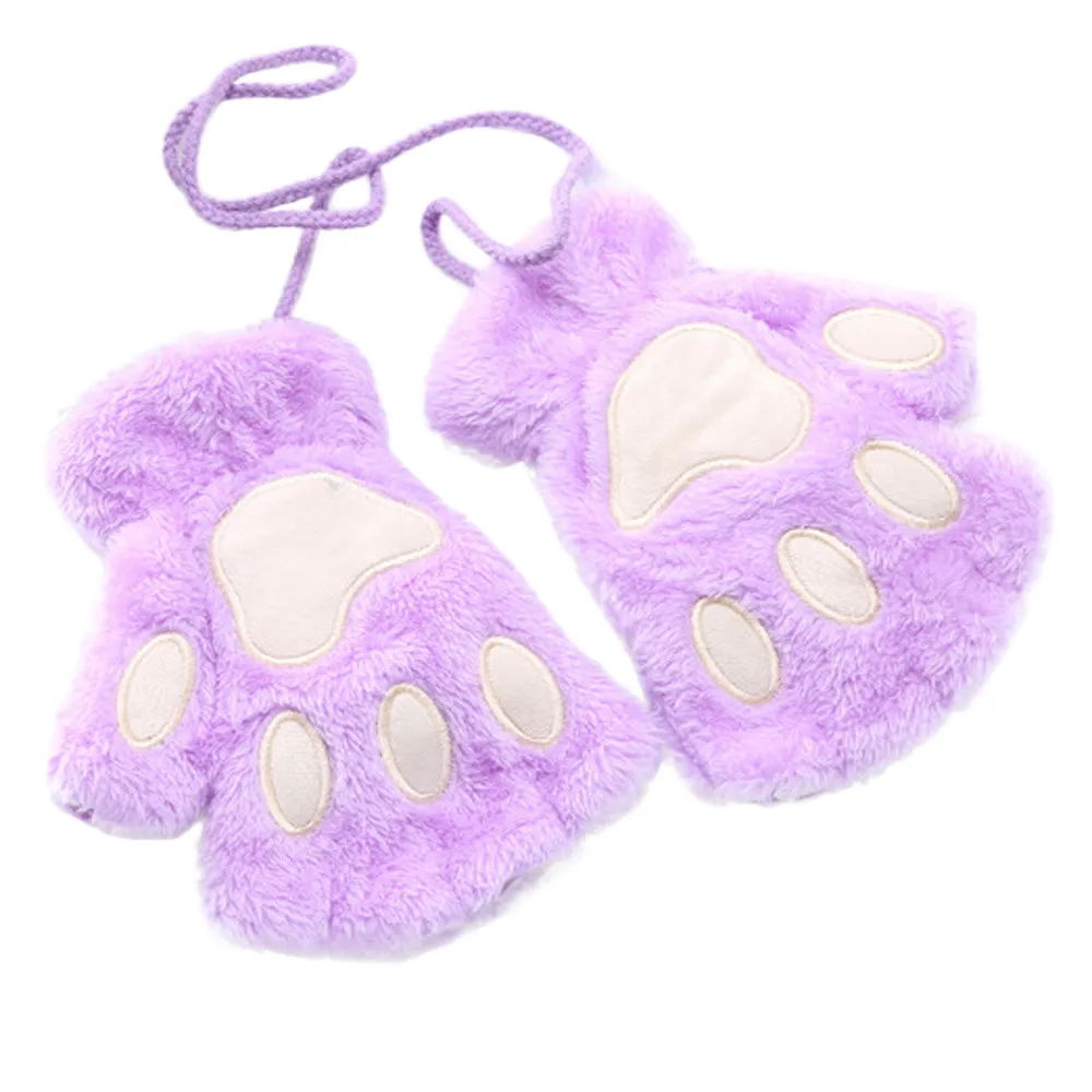 

winter 2018 women gloves 1 Pair Girls Lovely Fluffy Bear Cat Plush Paw Claw Half Finger Mitten Warm Finger less PSEPO4