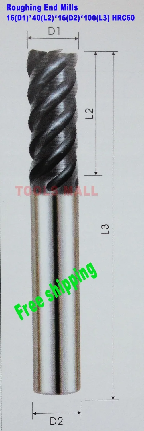 

Free Shipping-1pc of 16mm HRC60 Roughing cutters 4flutes Milling cutters CNC EndMill Tools Carbide router bits milling bits