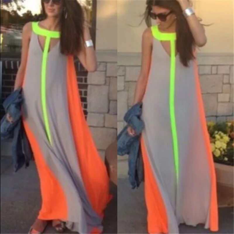 

2019 Summer Maxi Dress Women Sleeveless Contrast Color Casual Baggy Beach Party Long Dresses Vestido De Festa Plus Size