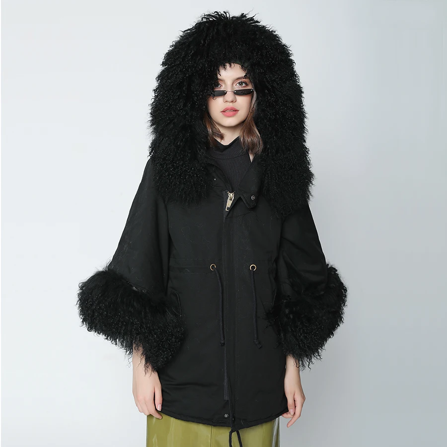 OFTBUY, зимняя женская куртка, пальто с натуральным мехом, парка с расклешенными рукавами, воротник из натурального меха монгольской овцы, капюшон, уличная верхняя одежда, роскошная