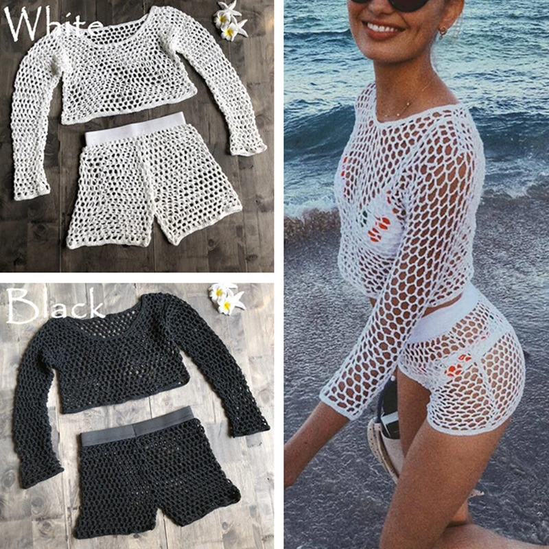 

Sexy Hollow Out Mesh Bikini Cover Up Long Sleeve Summer Beachwear Swimsuit Cover Up Top And Fishnet Shorts Beachwear