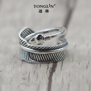 

Tonglin thai silver feather and arrow vintage ring punk style men women jewelry accessories