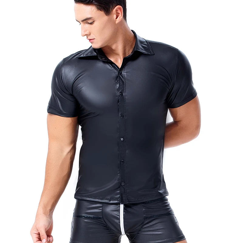 AIIOU Men Sexy Black T Shirts Faux Leather Male Men Spandex Tight Shirts Gay Funny Male Undershirts Dance Wear Corset Clothing