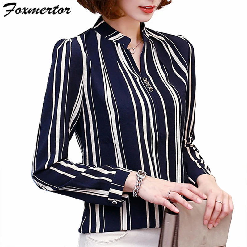  Chiffon Women Blouses Shirt Foxmertor 2019 Autumn V-Neck Print Elegant Office Lady Shirt Long Sleev