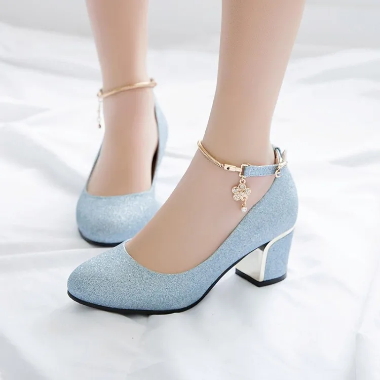 Heel-Pumps Chunky-Block Crystal High-Heel-Shoes PXELENA Wedding Silver Women Ankle-Strap