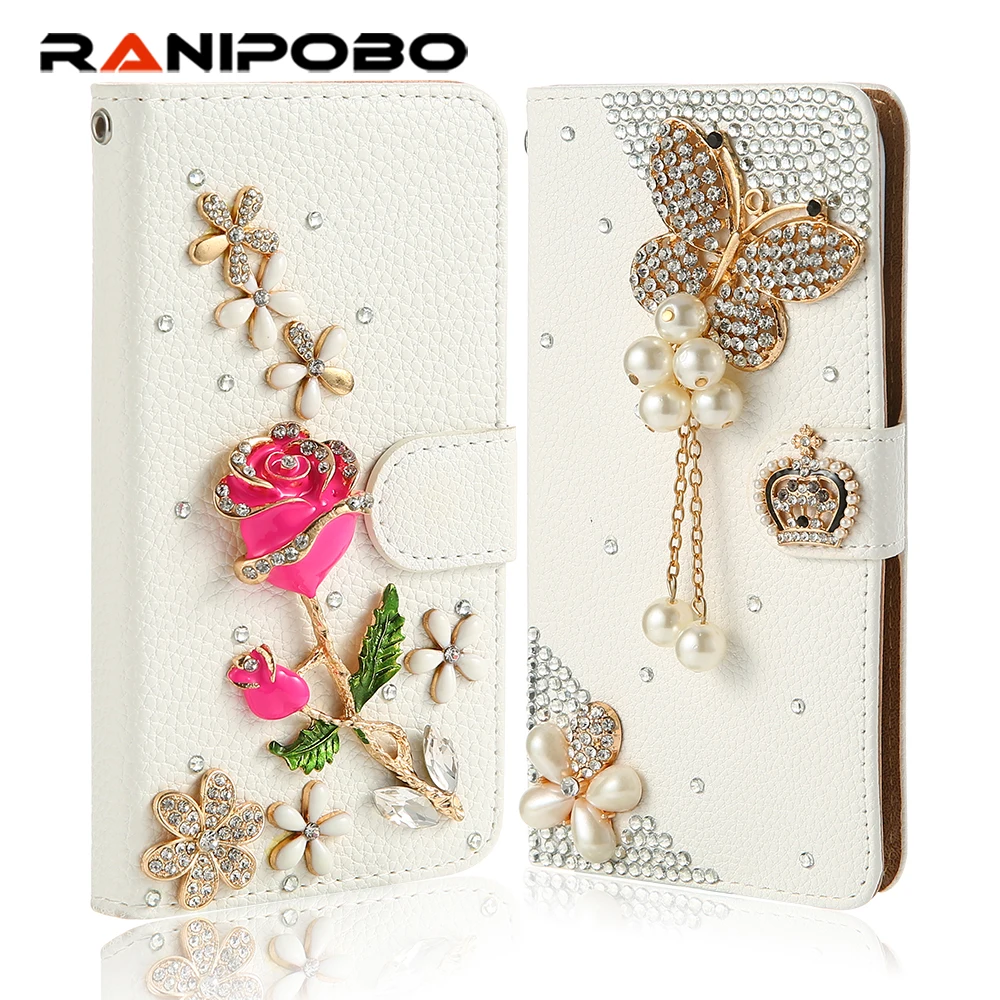 

Luxury crystal rhinestone flower butterfly Wallet style bling Diamond DIY crown phone case for Iphone SE galaxy S 3 4 5 6 Note
