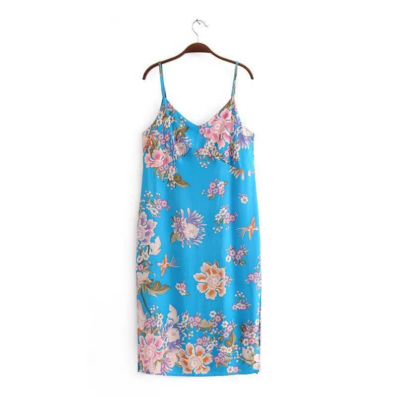 Sexy Deep V neck Floral Print Spaghetti Strap Dress Retro 2018 Woman Summer Backless Knee-length Side Slit Sling Pencil Dresses