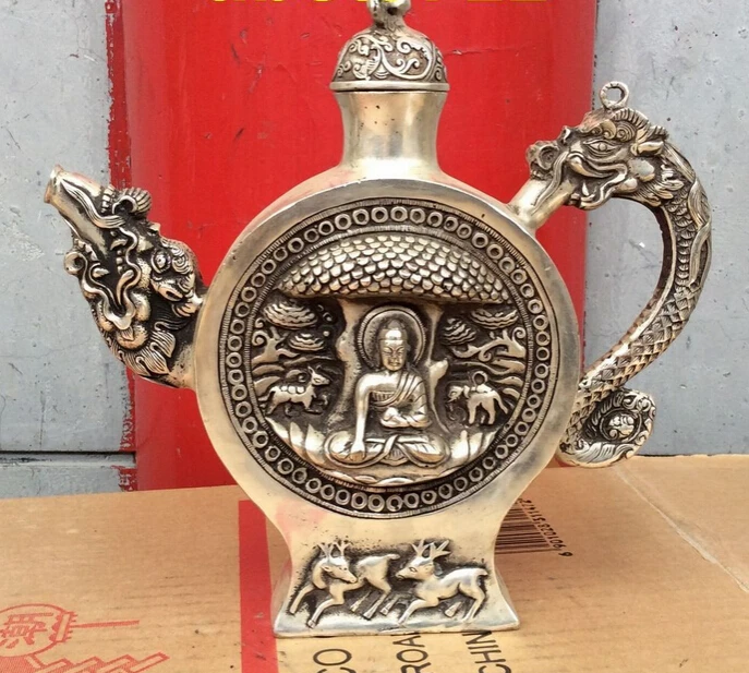 

xd 001839 Tibet classical Bronze coated silver Dragon buddha statue bottle Pot 24 cm tall