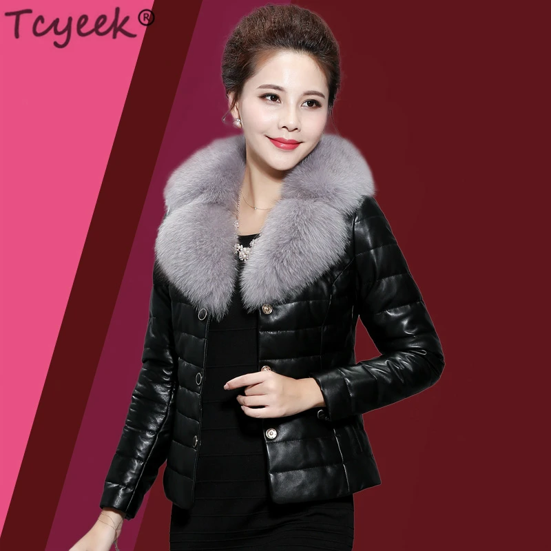 

Tcyeek Genuine Leather Jacket Women Winter Down Coat Female Real Fox Fur Collar Natural Sheepskin Outwear Slim Coats LWL1205
