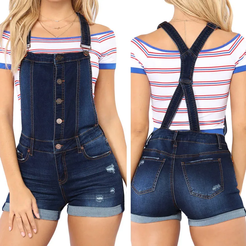 Women Denim Overall Shorts Mini High Waist Solid Summer Casual Jeans KNG88