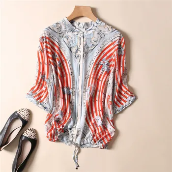 

New Europe United States sign printed silk shirt sleeve F8868 air conditioning unlined upper garment