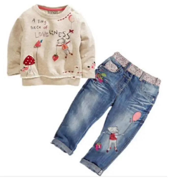 Повседневные весенне-осенние комплекты одежды для девочек, хлопковые топы с длинными рукавами и круглым вырезом с цветочным принтом и кружевные джинсы, Детские комплекты одежды