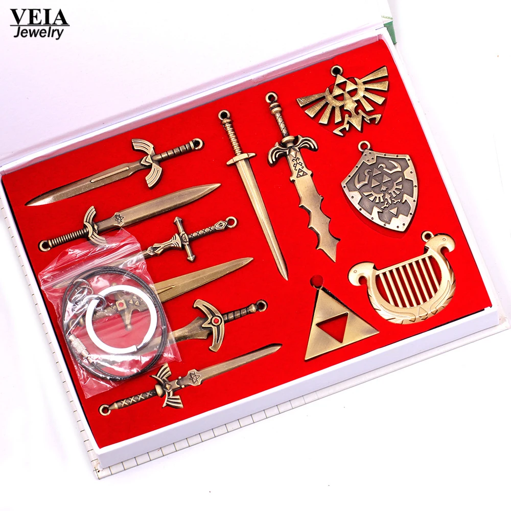 

2017 Anime Legend of Zelda Shield Skyward Sword Blade Weapon Metal Charms Pendants Keychain Necklace Set Figure toys 12pcs/box