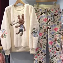 Новая мода осень-зима Для женщин пижамы прекрасный кролик Пижама Наборы для ухода за кожей ночное теплая домашняя одежда