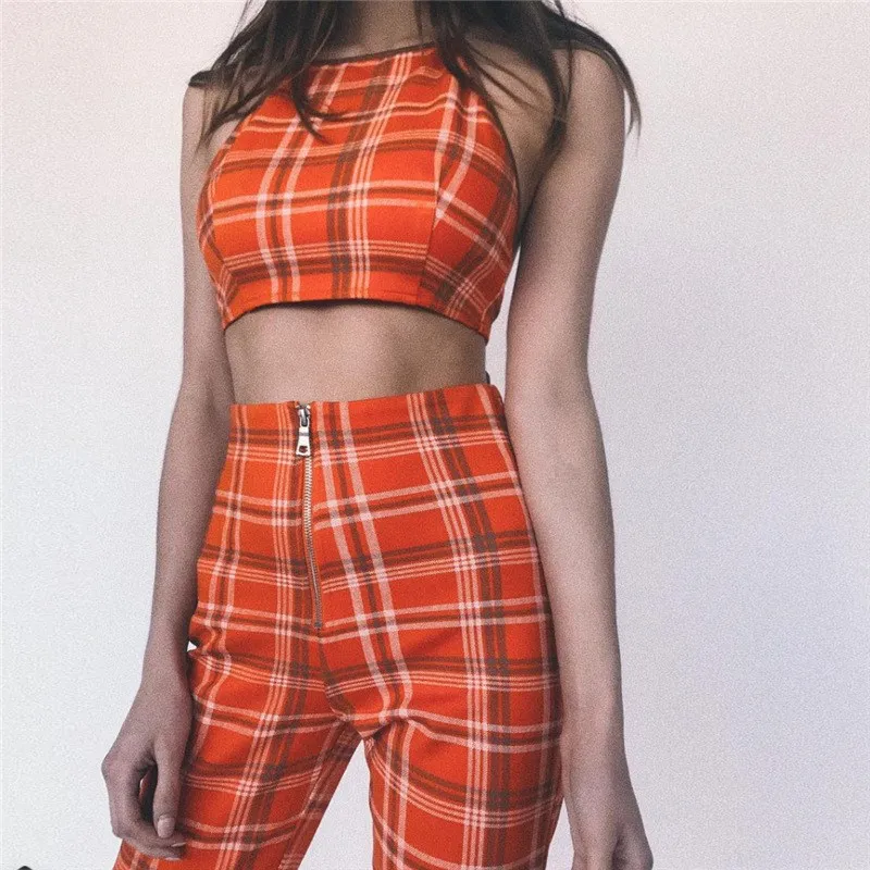 2017 Autumn fashion women plaid high waist pants halter tie up bandage zipper crop top two piece suit Women's Sets