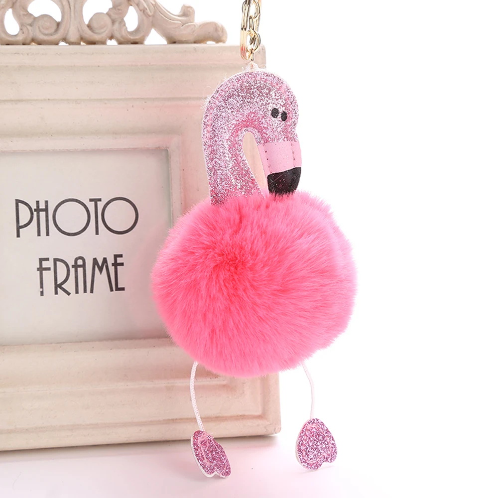 

1Pcs Cute Chaveiro Pompom Keychain Flamingo Key Chain Fluffy Fake Rabbit Fur Ball Women Car Bag pompon Key Ring Accessories