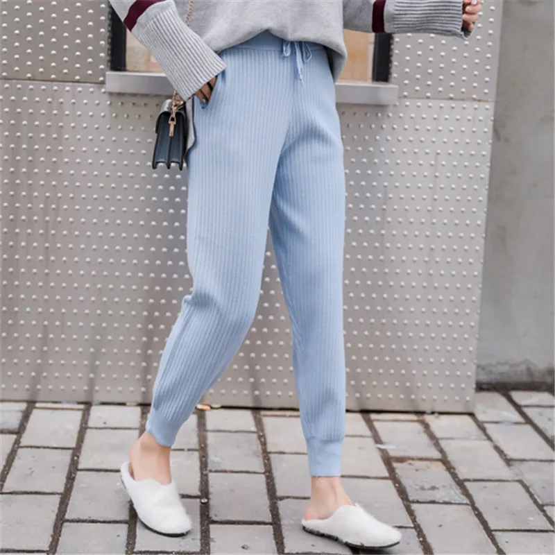 Mid Waist Knitted Harem Pants Women Trousers Drawstring Skinny Pants Pockets Knitted Striped Sweatpants pantalon femme 2019 Mid Waist Knitted Harem Pants Women Trousers Drawstring Skinny Pants Pockets Knitted Striped Sweatpants pantalon femme 2019