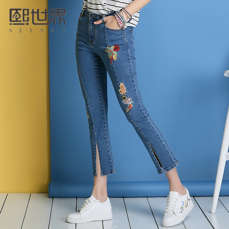 

Original 2017 Summer Jeans New Flower Embroidery Ankle Length Pants Women Flare Pants 106LN448