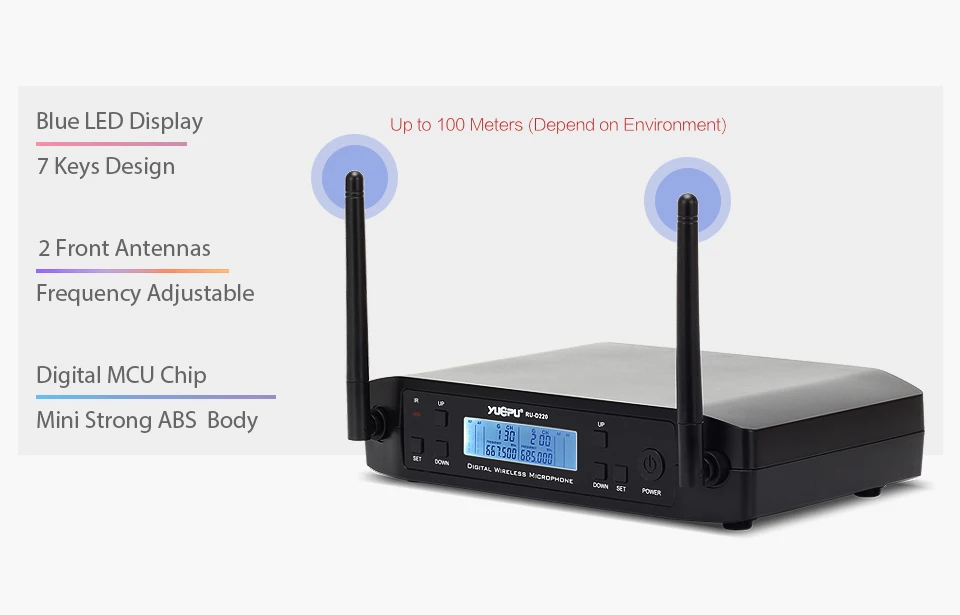 YUEPU RU-D220 UHF Ручной микрофон для караоке Беспроводная профессиональная система 2 канала частота Регулируемая Беспроводная для церкви