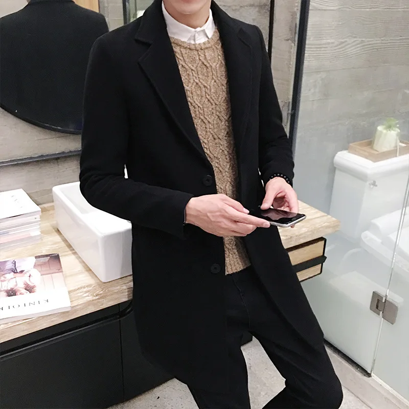 Casual Fashion Warm Men Winter Long Wool Blend Coat Slim