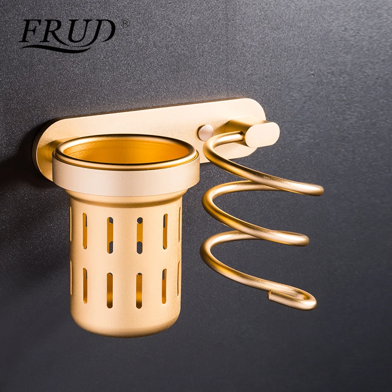 

FRUD Wall Mounted Hair Dryer Holder Rack Golden Space Aluminum Spiral Holder Frosted Head comb Holder Hardware AccessoriesY38009