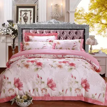 

2019 Pink Pastoral Flowers Jacquard Silk Cotton Bedlinens Queen King Size Duvet Cover Set Bedsheet Pillowcases