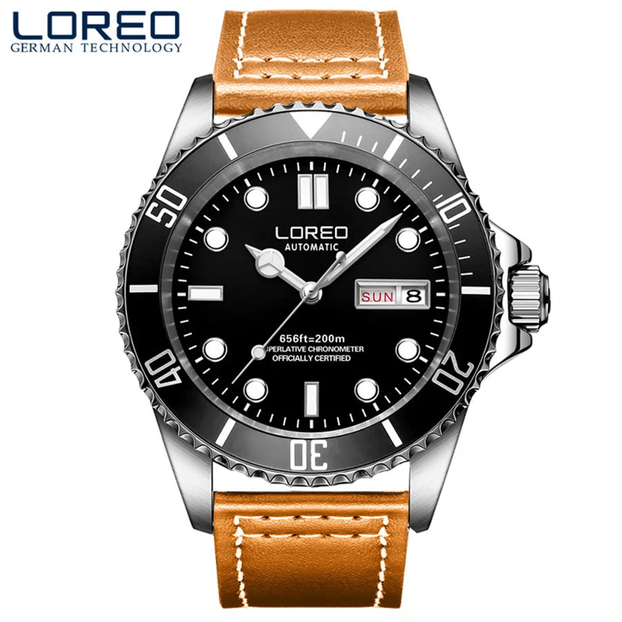 Часы LOREO для мужчин s лучший бренд класса люкс автоматические механические часы для мужчин 200 м серия для дайвинга дни недели и дата светящийся сапфир часы - Цвет: Leather Orange