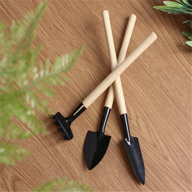 

3 Piece Gardening Shovels Spade Rake Mini Garden Tool Set Wooden Handles Metal Head Gardener Flowers Potted Plant