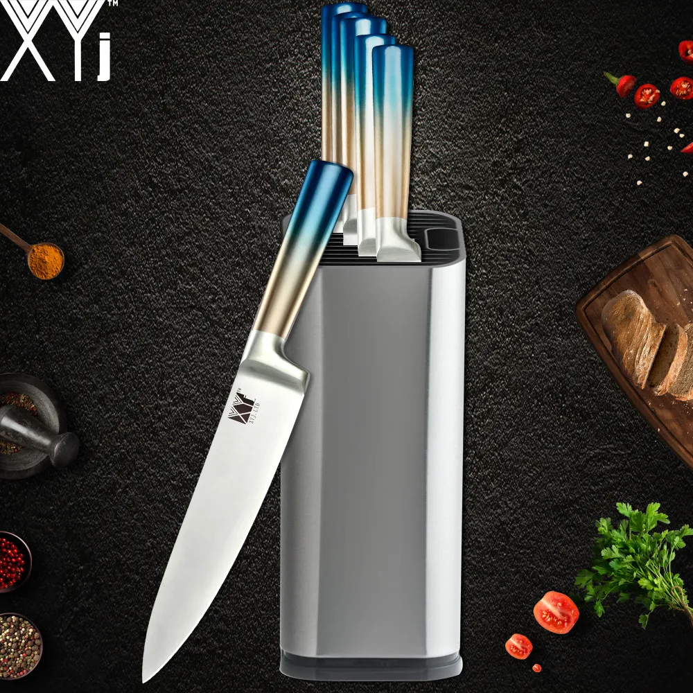 

XYj Kitchen Cooking 7pcs Knives Set Seamless Welding Gradient Color Handle Chef Knife 8'' Stainless Steel Knife Stand Holder