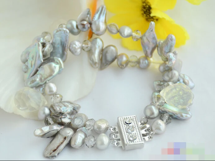 

Hot sell Noble- FREE SHIPPING>>>@@ 0815 2row 8" DENS gray biwa tail freshwater pearl drip opal bracelet