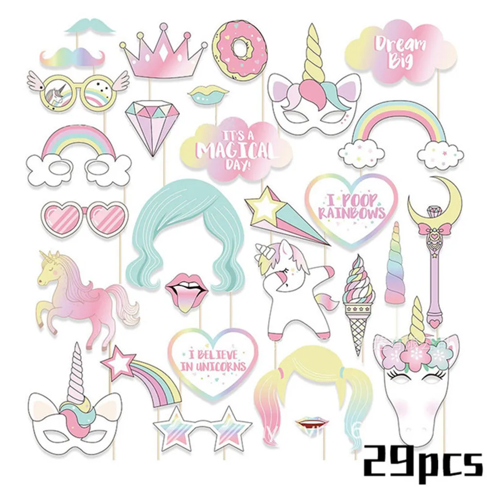 

Photo Props 29Pcs/Set DIY Photo Booth Props Birthday Pony Unicorn With A Bamboo Stick Mustache Lips Baby Shower Party Supplies