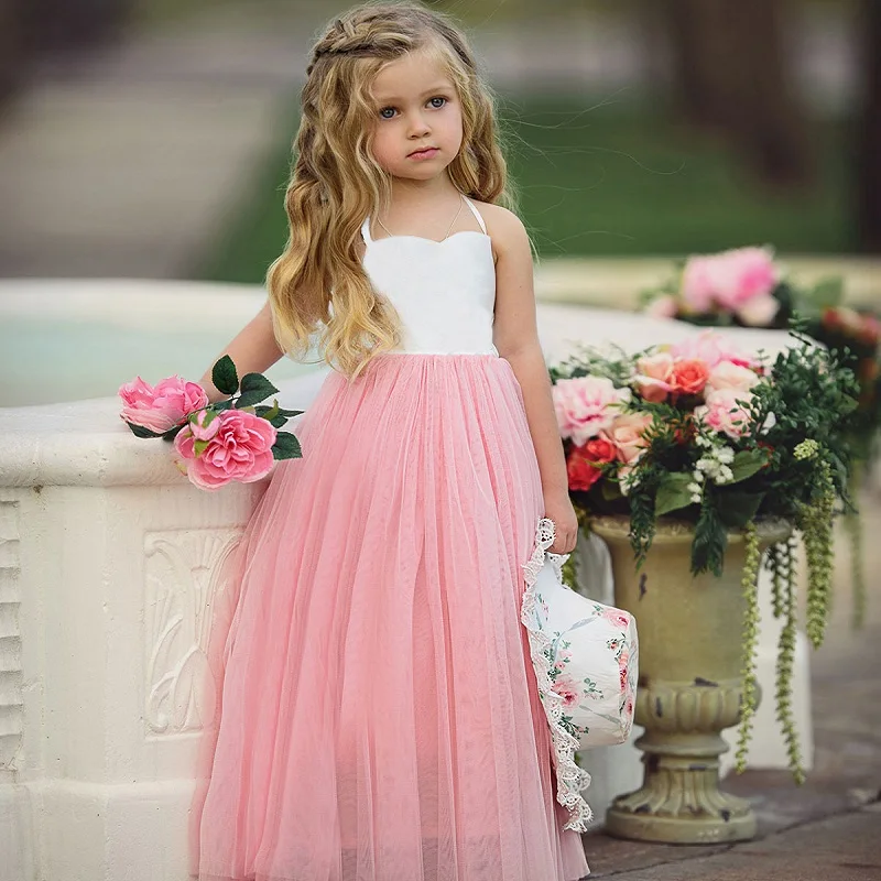 Kids Pink Dress for Girls Party Wedding Lace Long Dresses Elegant