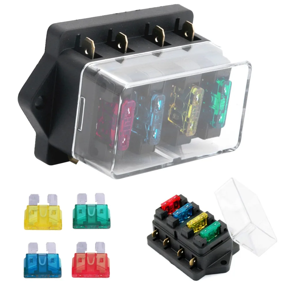 Ato + 4x Vias Carro Caminhão Auto Lâmina Fusível Caixa Titular Circuito Padrão 12v – 24v 4