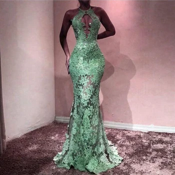 

Elegant Long Mint Green Prom Dresses Sexy Lace Halter Meramid Evening Gowns Illusion Floor Length Formal Special Occasion Dress