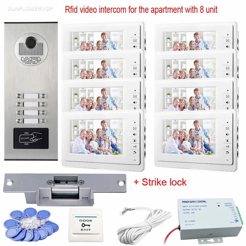 Rfid Video Intercom 8 Monitors 7\ Color Video On-Door Speakerphone Rfid Interphone Video Door Phone For Home With Door Lock